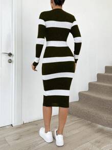 EURMUSE Women Round Neck Long Sleeve Striped Fitted Casual Dress, For Everyday Wear - Khaki - View 2
