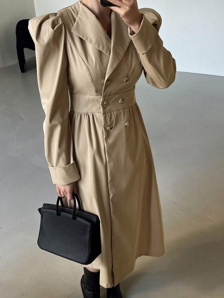 V-Neck Solid Color Puff Sleeve Button Up Midi Dress For Women,Fall Clothes Long Sleeve Dress