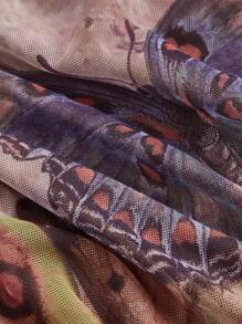 SHEIN MOD 大码不对称蝴蝶印花喇叭袖连衣裙 - 彩色 - 查看 4