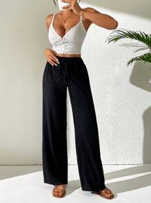 Chiquease Tie Waist Wide Leg Pants - Black - View 4