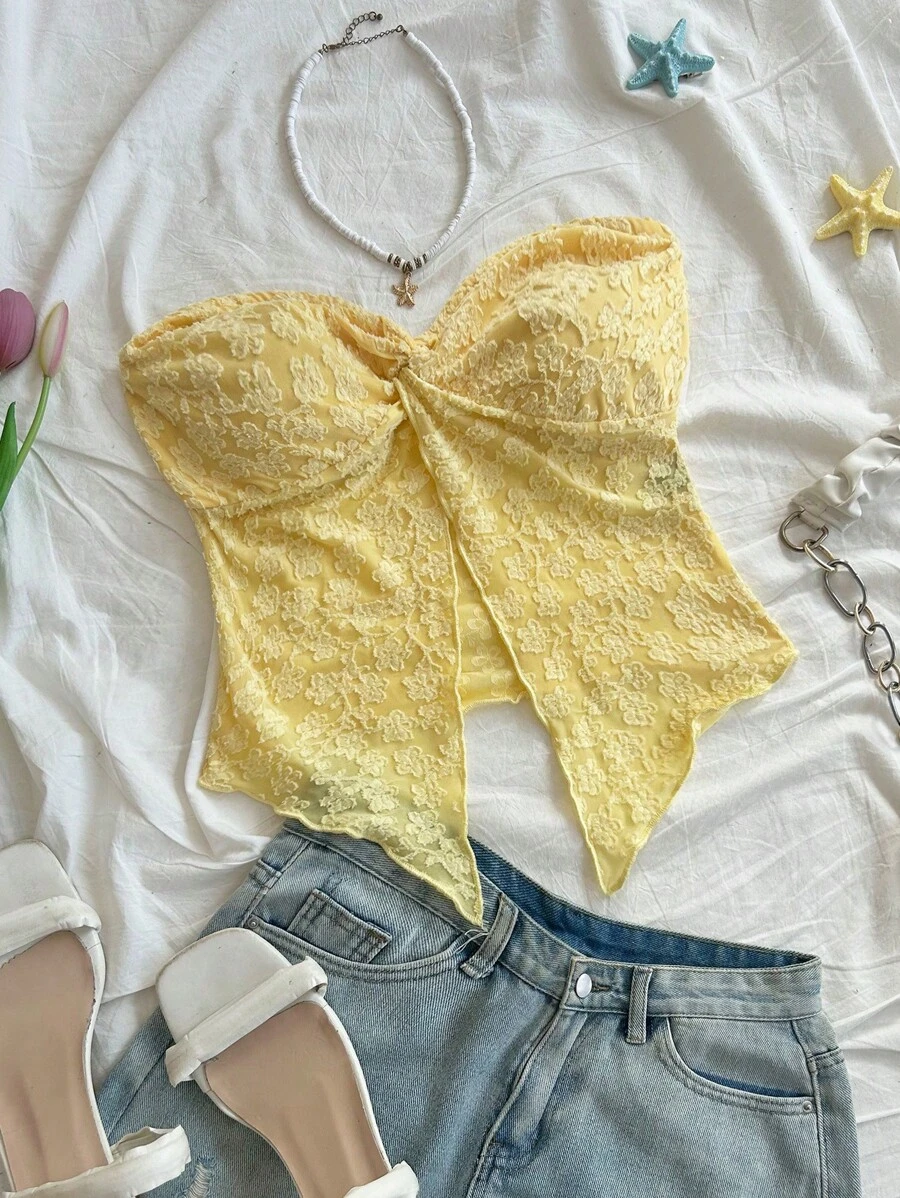Soleia 性感休闲白色花朵提花针织扭纹前襟女式衬衫 - 黃色 - 查看 1