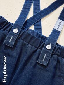 SHEIN 1 条女童牛仔裤，都市休闲风格，可拆卸背带阔腿设计，适合城市郊游、学校、派对和日常穿着 - 藍色 - 查看 5