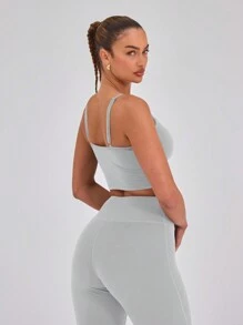 Musera Sport Slinky Spaghetti Strap Activewear Crop Cami Top Only, Padel, Tennis, Pickleball Gym Fitness Fall Winter - Light Grey - View 2