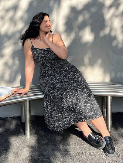 SHEIN EZwear Women Plus Size Woven Black Base White Flower Printed Long Cami Dress, Summer