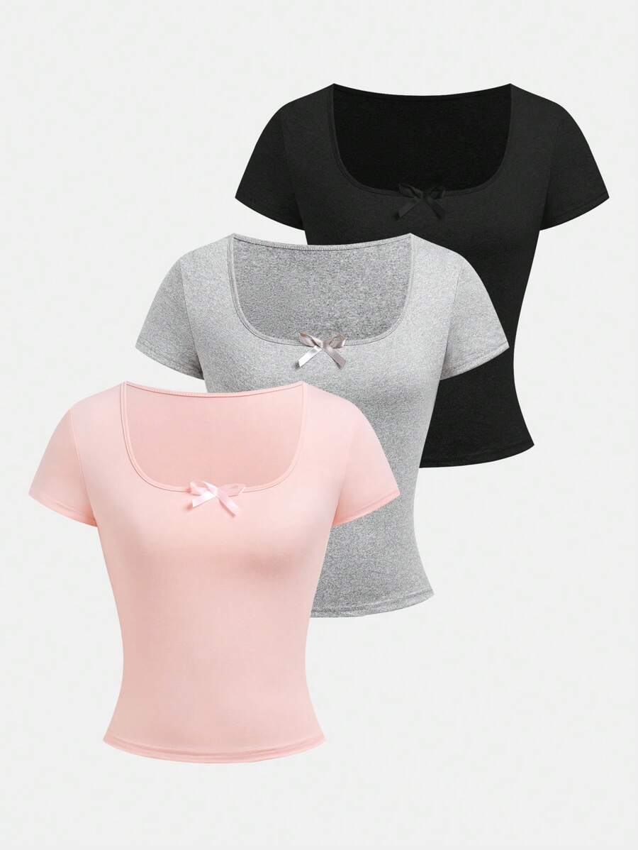 SHEIN 3 件青少年女孩 T 恤套装，休闲百搭优雅蝴蝶结方领短袖，适合春夏季穿着 - 彩色 - 查看 1