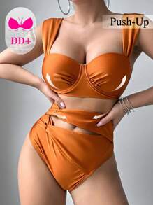 Conjunto de bikini de cintura alta con taza de acero de unicolor y torsión para mujer, para el verano