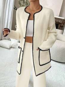 SHEIN Clasi New European Style Blogger Same Design Sense Colorblock Vintage Double Pockets Casual Crew Neck Knit Jacket