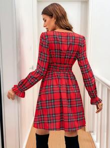 SHEIN VCAY 女式 V 领蝴蝶结装饰 A 字形荷叶边袖口休闲格子节日连衣裙，秋冬