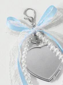 ROMWE Kawaii 1 件手工制作精致时尚百搭清新甜美优质白色仿珍珠串珠丝带、薄纱蝴蝶结、恶魔之心双面镜吊坠钥匙扣包饰，适合女性女孩日常穿着、节日礼物 - 彩色 - 查看 3