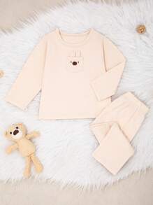 SHEIN 2 pièces/Set Chemise à manches longues avec poche brodée et pantalon long en coton pour bébé garçon. Tenue décontractée et confortable pour la maison. - Nude - Voir 1