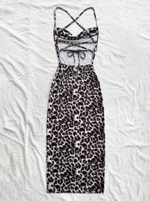 Soleia Casual Romantic Vacation White Leopard Print Off-Shoulder Sexy Open Back Tie Strap Dress