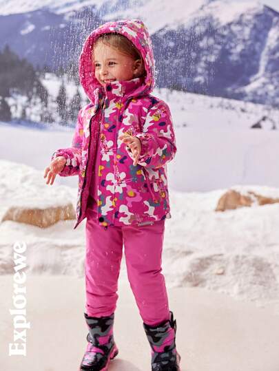 SHEIN 2pcs/Set Young Girl' Zip-Up Front Print Hooded Long Sleeve Top & Pants Set