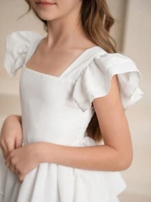 SHEIN 青少年女孩方领细肩带盖袖修身薄纱连衣裙，优雅适合婚礼、情人节派对、伴娘