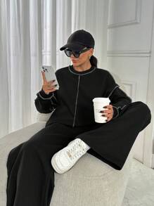 SHEIN Cottnline Plus Size Women Solid Color Round Neck Exposed Seam Detailed 2pieces Set Two Piece Set Comfortable Two Piece Set - Black - View 3
