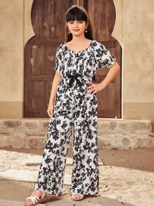 SHEIN Leap Crew Tween 女童休闲度假露肩泡泡袖灯笼袖装饰蝴蝶结和碎花黑白剪影印花连体裤，黑色和白色 - 黑與白 - 查看 7