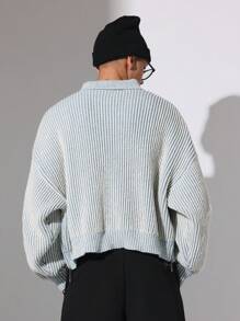 SUMWON Designer Ribbed Knit Quarter Zip Pullover Sweater Chunky Knit Polo Winter Autumn Heavyweight Cozy Textured Classic Preppy Casual Streetwear - Blue - View 3