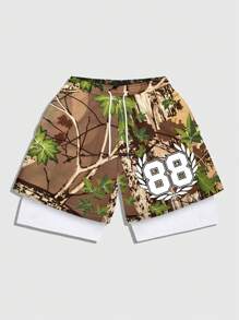 ROMWE MEN Prep Men's Camo Casual Tree Branch & Leaf Printed Drawstring Waist Shorts, Football Style