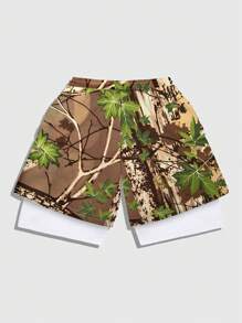 ROMWE MEN Prep Men's Camo Casual Tree Branch & Leaf Printed Drawstring Waist Shorts, Football Style