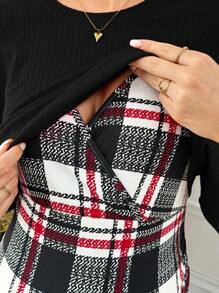 SHEIN Conjunto de 2 piezas de maternidad - Top de unicolor y falda a cuadros con cintura ajustable, otoño