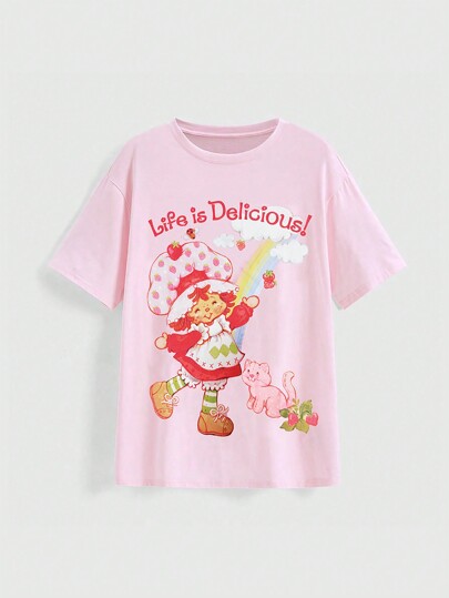 Women's Casual Cartoon Character & Slogan Dropped Shoulder Relaxed T-Shirt, Summer
