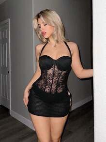 Sweetina 女士 Y2k 夏季女装外出蕾丝拼接性感休闲黑色紧身衣，简约合身 - 黑色 - 查看 4