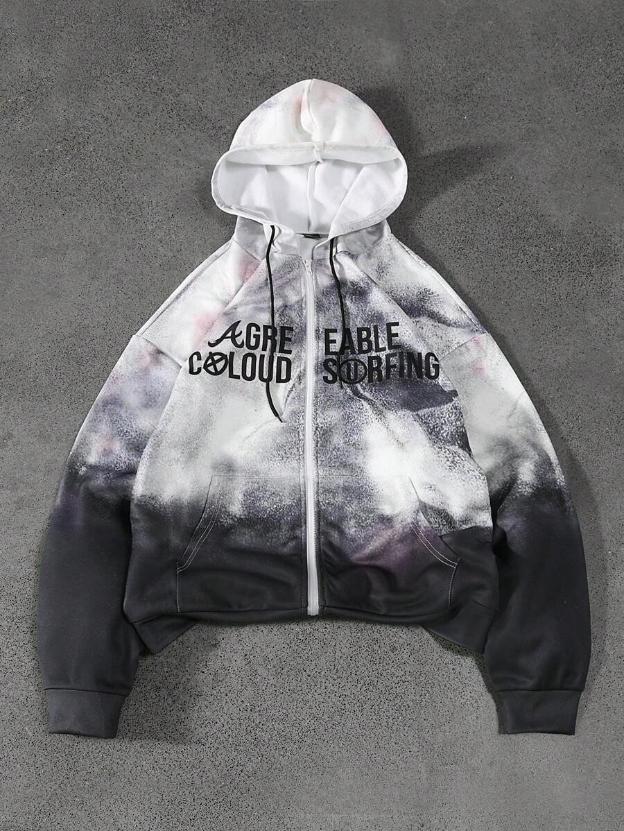 Manfinity EMRG Men's Letter Print Zip Up Front Pockets Casual Hoodie Sweatshirt