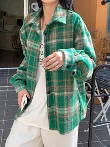 DAZY 女式前扣长袖格子休闲上衣，带口袋，适合日常穿着、秋季服装、法兰绒女装 - 綠色 - 查看 2