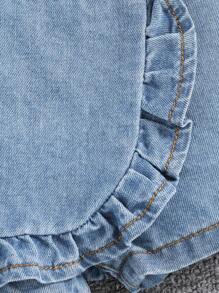 SHEIN Baby Girl's Spring Summer Boho Cute Ruffle Trim Wrap Elastic Waist Comfortable Soft Denim Skorts Jeans Shorts - Light Wash - View 3
