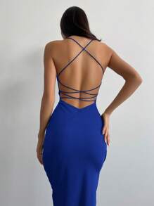 Aloruh Vestido de largo medio con espalda abierta y cordones laterales sexy y sencillo para mujer - azul real - Ver 1