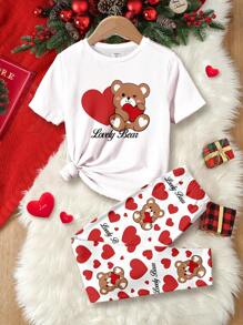 SHEIN Leap Crew 2 件装 Tween 女孩卡通熊心印花短袖 T 恤和裤子家居服套装，贴身休闲 - 彩色 - 查看 1