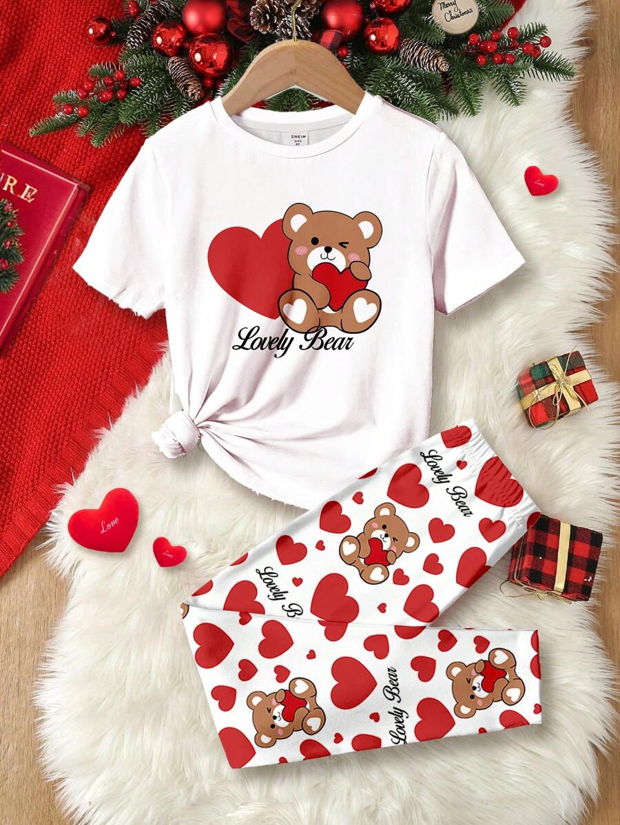 SHEIN Leap Crew 2 件装 Tween 女孩卡通熊心印花短袖 T 恤和裤子家居服套装,贴身休闲 - 彩色 - 查看 1