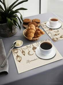 4 件/6 件斋月吉祥灯笼和月亮图案，可机洗涤纶餐垫，耐热、耐脏、耐热、防水且易于清洁的餐垫、餐桌装饰、节日派对布置、桌面保护，可用作礼物