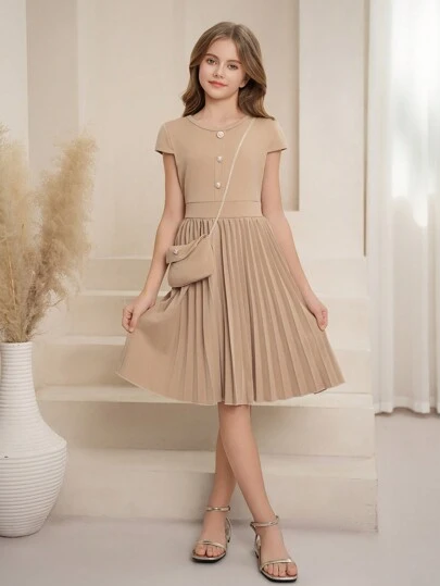 SHEIN Tween 女童无袖褶皱仿珍珠纽扣修身公主裙，优雅大方，适合婚礼、情人节、派对、花童或伴娘穿着