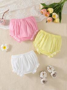 3pcs Set Baby Girl Lace Trim Comfy Bodysuit Bottoms, Pink/Yellow/White - Multicolor - View 2