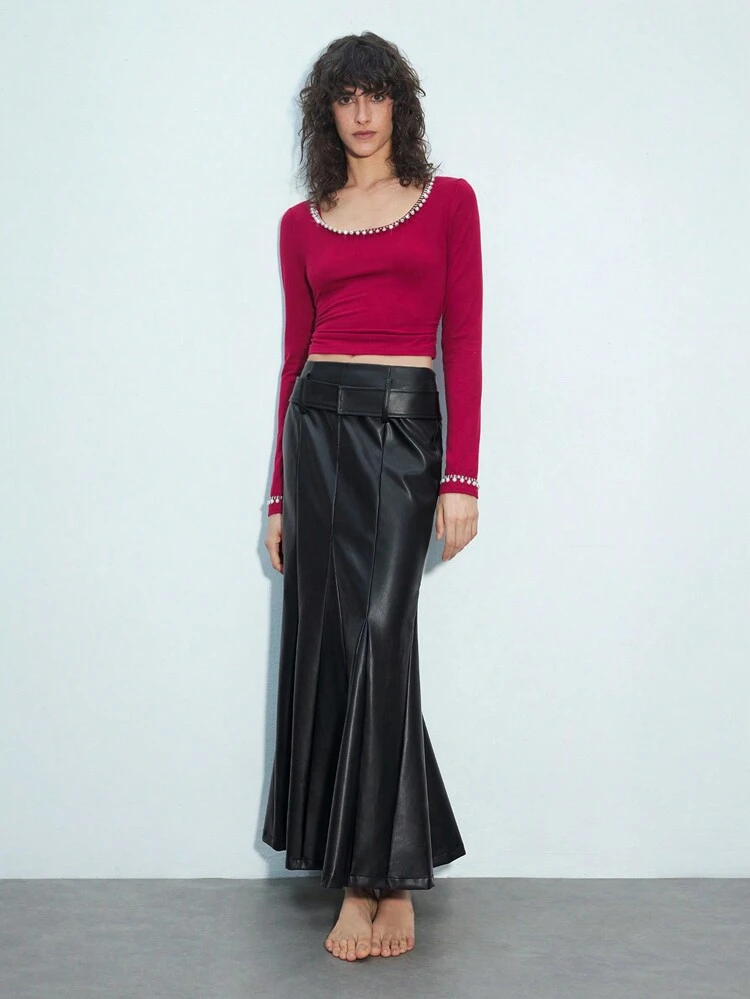 SHEIN Maija Women's Solid Color PU Leather Pleated A-Line Skirt, Elegant Fashion Festival