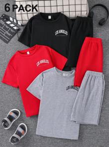 6pcs/Set Tween Boys Casual Varsity Letter Graphic Crew Neck Loose T-Shirt & Shorts 2 Pieces Set, 3 Designs, Suitable For School, Garden, Beach, Birthday, Spring/Summer/Autumn/Winter