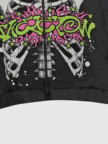 ROMWE MEN Street Life 男士卡通骷髅印花连帽拉链长袖休闲卫衣，秋季款 - 黑色 - 查看 4