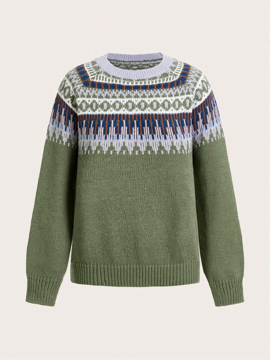 SHEIN LUNE 女士几何图案圆领长袖休闲宽松针织衫，秋冬针织套头衫 - 綠色 - 查看 1