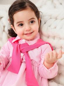 SHEIN 2 件套女婴幼儿百搭纯色休闲时尚衬衫裙，带可拆卸披肩，适合外出，玫红色连衣裙套装 - 玫紅色 - 查看 6