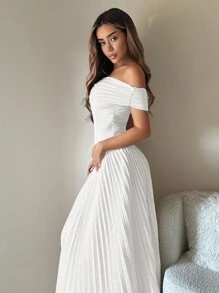 SHEIN ICON Vestido de bienvenida 1 pieza, vestido elegante de unicolor, plisado y con hombros descubiertos - Blanco - Ver 4