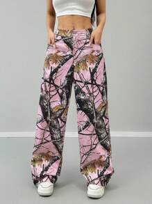 SHEIN EZwear Pantalones de pierna ancha de mujer casuales con estampado de ramas de árbol tejidos