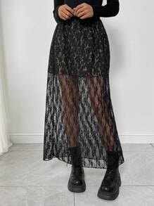INAWLY Women Lace Patchwork Printed Casual Skirt, Suitable For Leisure And Holiday - Black - View 4
