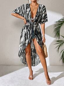 SHEIN Swim Summer Loose, Long Black And White Printed Women's Kimono Cover Up, Suitable For Vacation