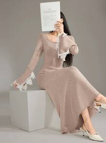 Modelyn Vestido de suéter maximalista de ajuste slim con mangas largas y parches de unicolor para mujeres