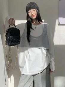 DAZY Women Casual Round Neck Loose 2 In 1 Long Sleeve T-Shirt