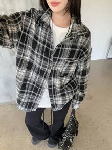 DAZY Women's Button Front Long Sleeve Pocket Plaid Blouse, Casual For Everyday Wear,Fall Clothes,Flannels Women - Black - View 3