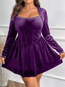 Celure Plus Size Women Elegant Romantic Velvet Pearl Decor Faux Fishbone Design Dress