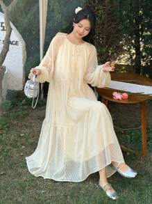 DAZY Women Solid Color Round Neck Lantern Sleeve Loose Long Dress, Ruffle Dress - Beige - View 8
