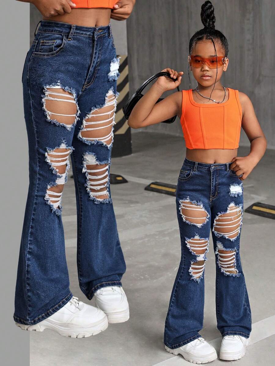 SHEIN Tween Girl Y2K Solid Washed Ripped Flared Denim Jeans, Fall Clothes Back To School Streetwear - Dark Wash - View 1