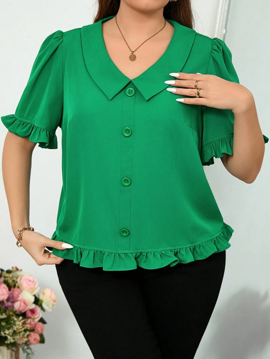SHEIN Clasi Plus Size Plain Front Button Short Sleeve Casual Pleated Shirt - Green - View 1